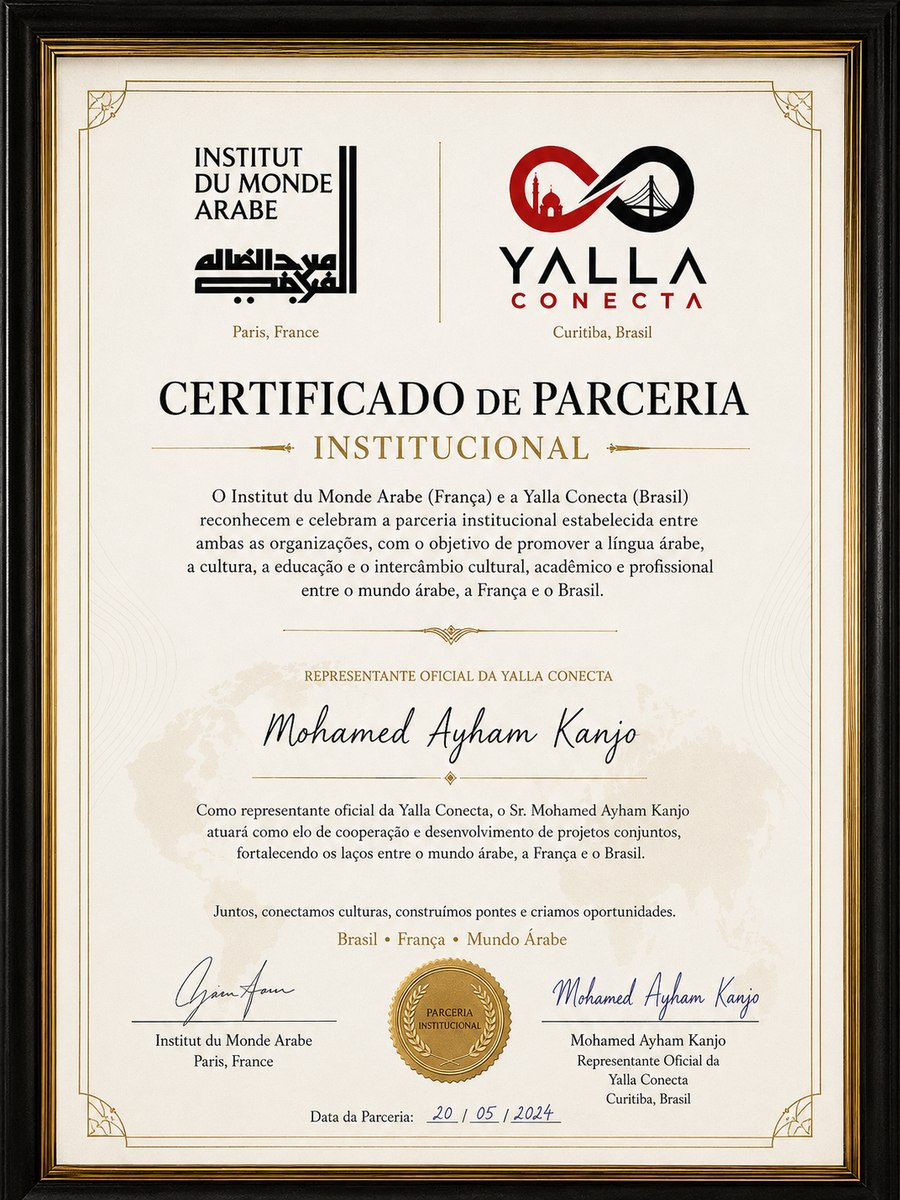 Certificado de Parceria Institucional entre o Institut du Monde Arabe (Paris) e a YallaConecta (Curitiba), assinado por Mohamad Ayham Kanjo